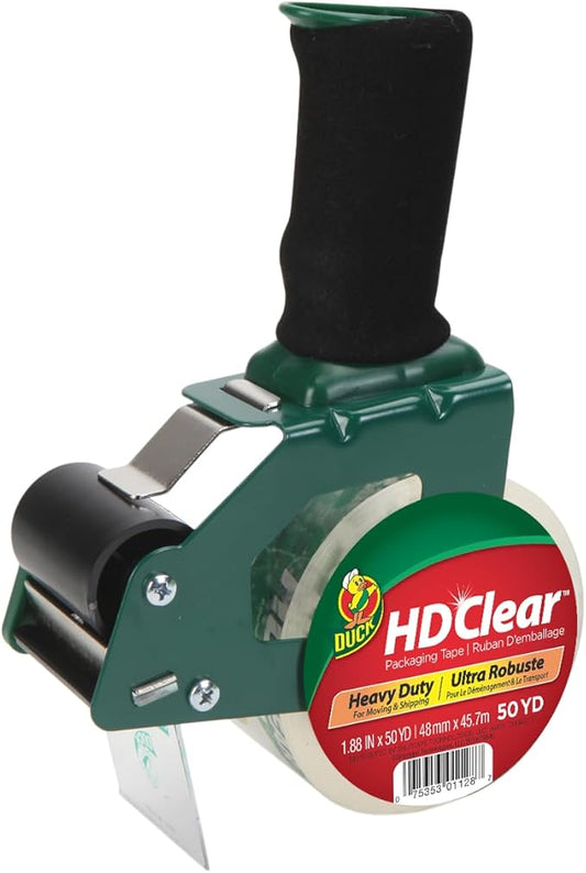 Duck HD Clear Packing Tape Dispenser Heavy Duty Packaging Tape Gun for Packing Boxes, Shipping and Moving - Includes 1 Refill Roll of 1.88in. x 50 Yards - Foam Handle (287398)