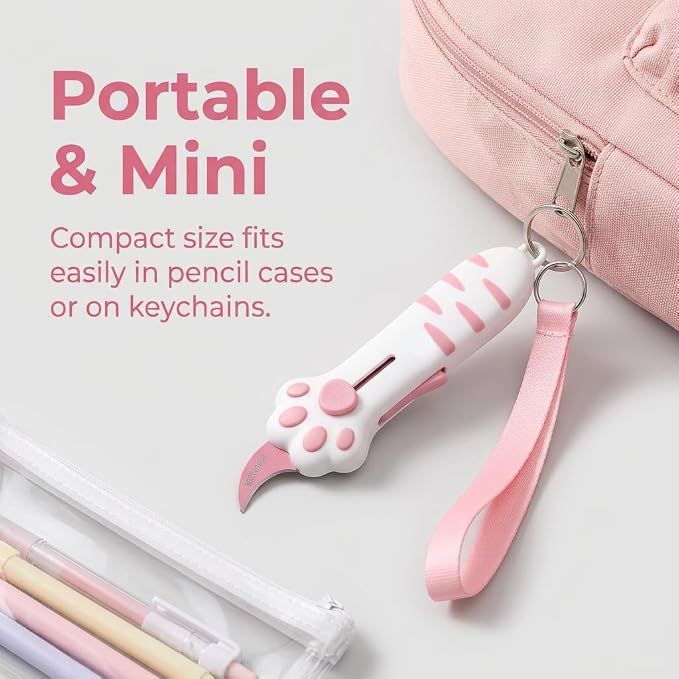 Cat Paw Box Cutter Cute Retractable Cat Box Cutter with Safety Lock Pink | Mini Utility Knife with Ergonomic Paw Handle, Stainless Steel Blade for Opening Packages, Cardboard, Cartons & Tape