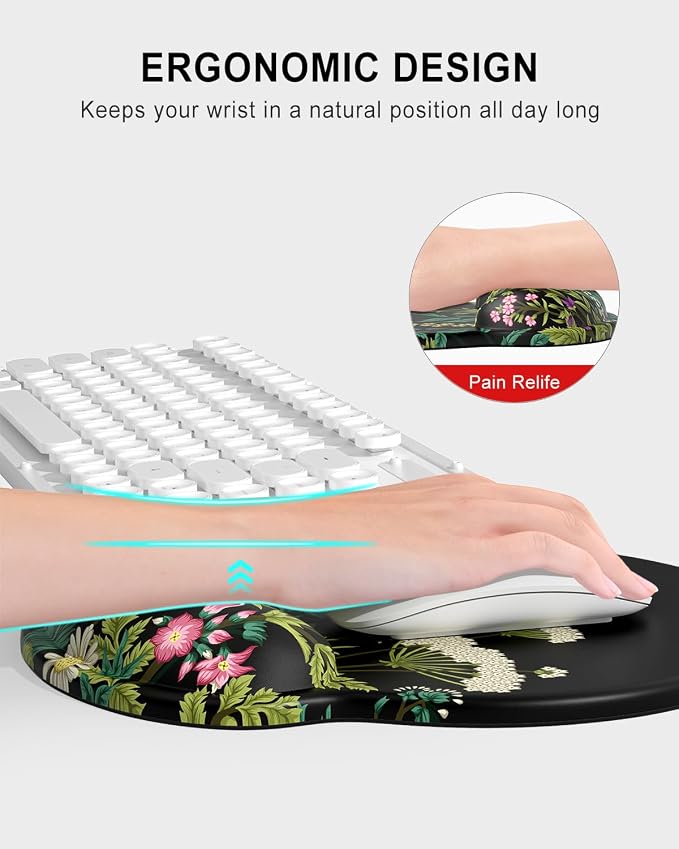 Auhoahsil Ergonomic Mouse Pad with Wrist Rest, Comfortable Silicone Non-Slip Computer Pain Relief Gel Mouse Mat with Wrist Support for Gaming, Work, Office, Women & Men, Cute Pattern, Night Flowers