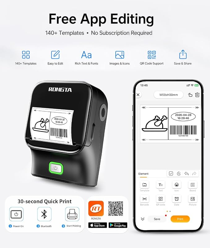 Rongta Bluetooth Label Maker Machine, Thermal Label Printer Easy to Use for Office, Home, Small Business, Came with 1 Roll 2x1.18 inch Label(Black)