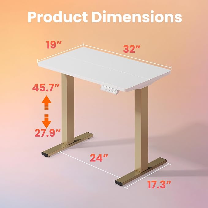 HUANUO 32x19 Inch Small Electric Desk, Adjustable, White & Gold Frame | 176 Lbs Capacity, Rounded Corners, Wheel-Ready Feet, Compact Desktop, Apartment Workspace, 28.3–46.5 Inch Height Range