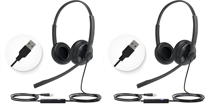Yealink UH34 Wired Headset,USB-A,Noise Canceling Mic,in-Line Control,On-Ear (Pack of 2)