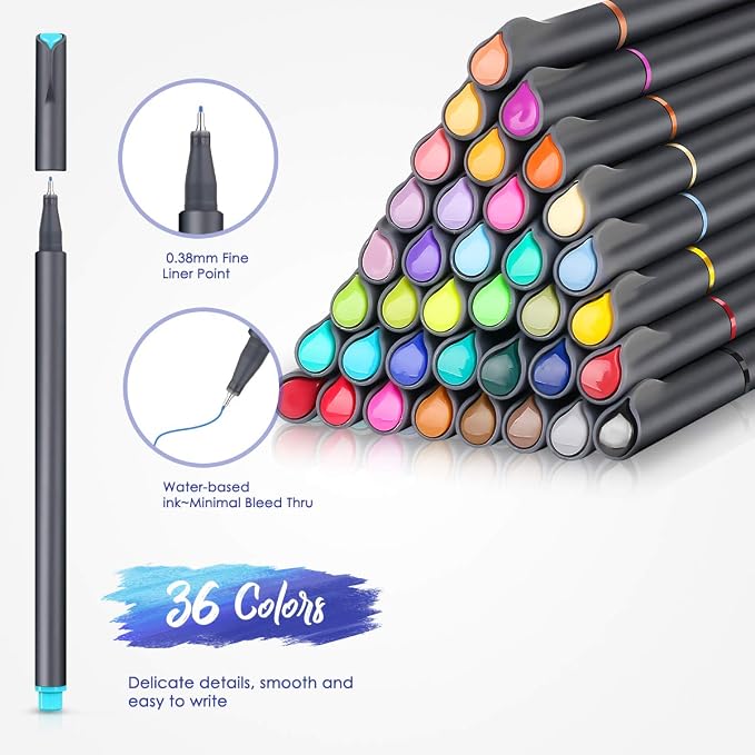 iBayam Colored Fineliner Pens 36 Pack, 0.38mm Fine Point, Bullet Journaling | Slim Pressure-Free Barrel, Smooth Writing Pens for Journaling, Note-Taking, Coloring, Sketching, Planning & Art Project