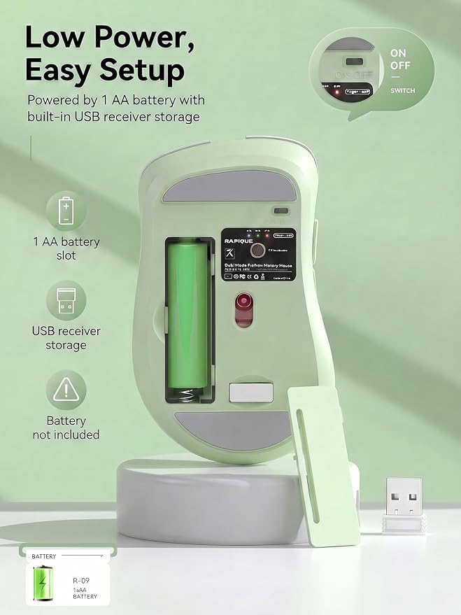RAPIQUE Bluetooth Wireless Mouse, Dual Bluetooth & 2.4GHz, Sage Green | Right-Hand Ergonomic Grip, Quiet Clicks, Low Power, 3-device Switching, 6-button USB receiver for MacBook, Laptop, Computer