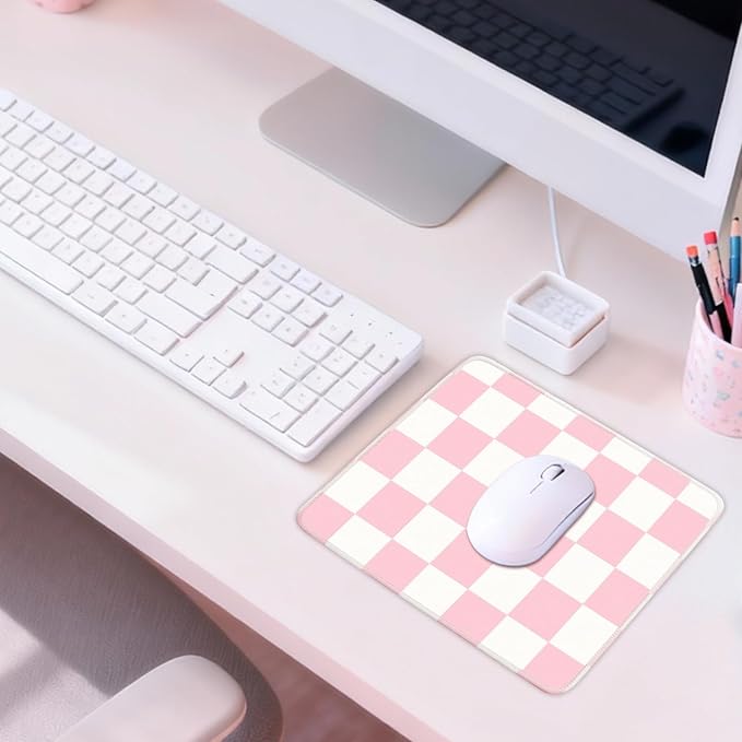 Mouse Pad for Desk with Stitched Edge, Premium Cute Washable Mouse Pads. Computer Mousepad with Non-Slip Rubber Base, Mousepads for Laptop, 9.25x7.75x0.12 inch (Pink Checkers)