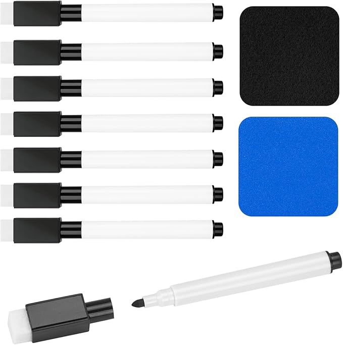 8 Pcs Black Magnetic Dry Erase Markers with Eraser, White Board Mini Dry Erase Markers with Eraser Cap, Fine Point Tip White Board Markers for Teachers Office School Supplies