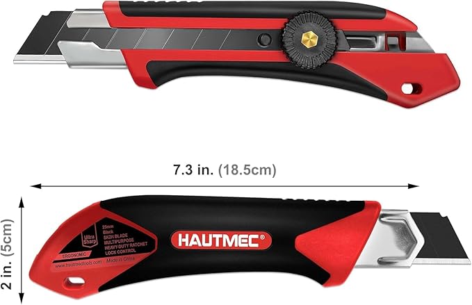 HAUTMEC 25mm Extra Heavy-Duty Utility Knife with 10pcs Blade set, Multi-Purpose Snap-off Box Cutter, Ratchet-lock Mechanism, Reinforced Fiberglass Handle HT0251-KN