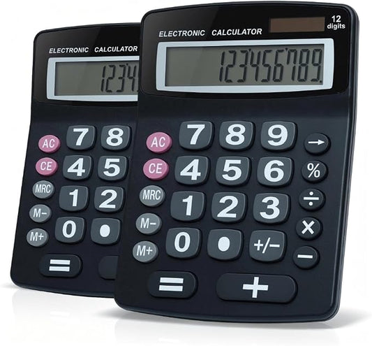 Lily' Home Jumbo 12 Digit, Solar Power, Large LCD Display - Desktop Calculator, Dual Power, Large Button Design, Battery Operation, Easy-to-Read Tilted, for Home, Office, School, Class & Business, 2PK