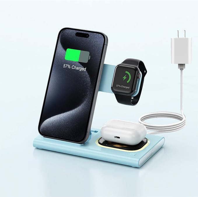 3 in 1 Foldable Wireless Fast Charging Station for Apple Multiple Devices | iPhone Charging Station for iPhone 17, Travel iWatch Charger Stand, Light Nightstand Charging Dock for Apple Watch/Airpods