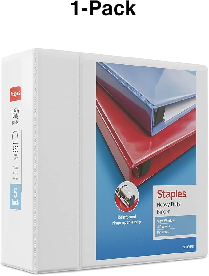 Staples Heavy-Duty 5-Inch D-Ring View Binder, Extra Large Capacity Holds Up to 1,000 Sheets, White, for Office & Archiving