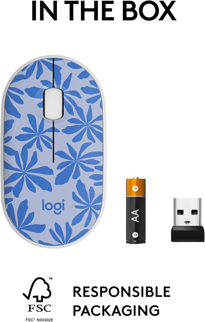 Logitech M340 Wireless Mouse with Limited Edition Prints, USB Receiver and Silent Clicks, Portable Wireless Mouse for Laptop, PC, Windows, Chrome, Surface – Blue Floral