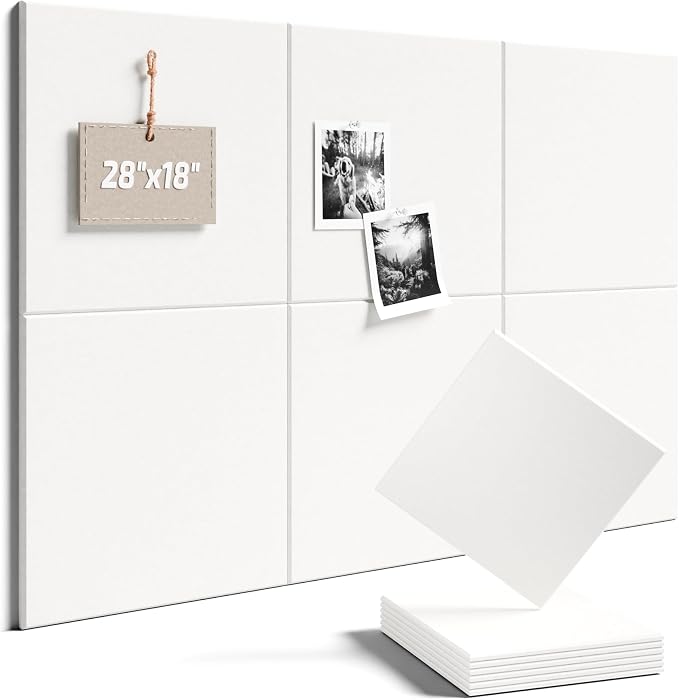 28" x 18" Felt Bulletin Board Tiles, Solid-Tile, Milky White | 6-Pack Cork Board Alternative, 30 Adhesive Tabs, Push Pin Board, Wall Decor, Office, Home, Classroom, Dorm