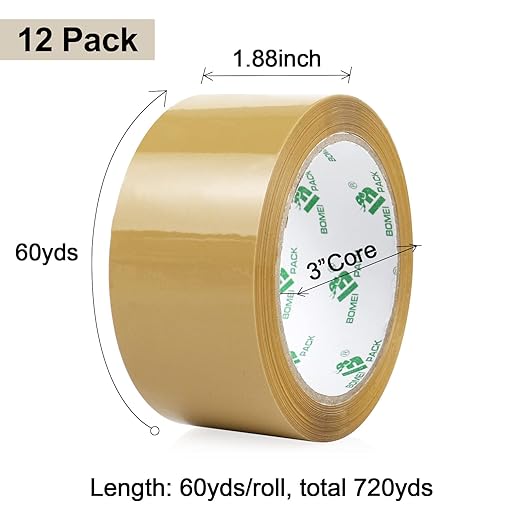 BOMEI PACK Tan Packing Tape Refills, Bulk Brown Packing Tape with Dispenser for Shipping, Moving and Packaging, 12Rolls 2.4 Mil 1.88 Inch x 60 Yards