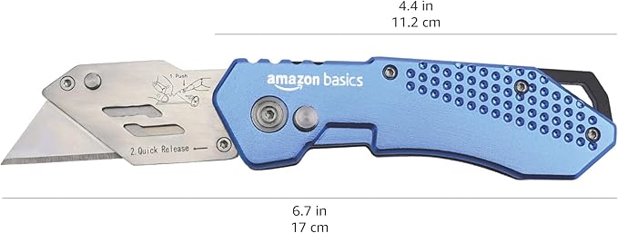 Amazon Basics Folding Utility Knife Box Cutter with Locking Mechanism, Quick Change Blade, Lightweight Aluminum Body, Holster, Light Blue