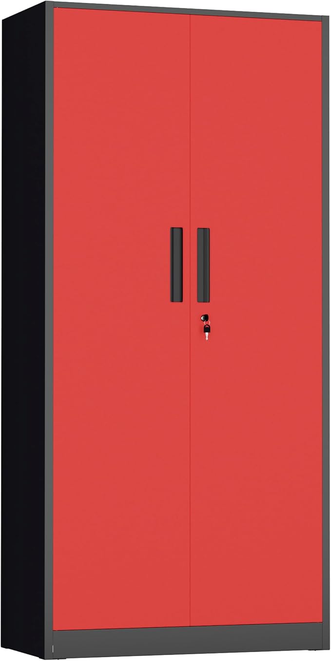 Metal Storage Cabinet,72" Steel Lockable File Cabinet with Locking Doors and Adjustable Shelves,Locking Tool Cabinets for Office,Home,Garage,Gym,School (Black Red)