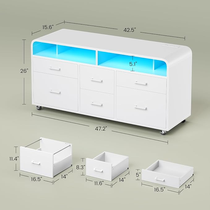 SEDETA 6 Drawers File Cabinet with Power Strip fits Legal/Letter/A4 Size | 47" Wood Mobile Lateral Filing Cabinet for Home Office, Printer Stand with Storage Shelf and Led Lights, White