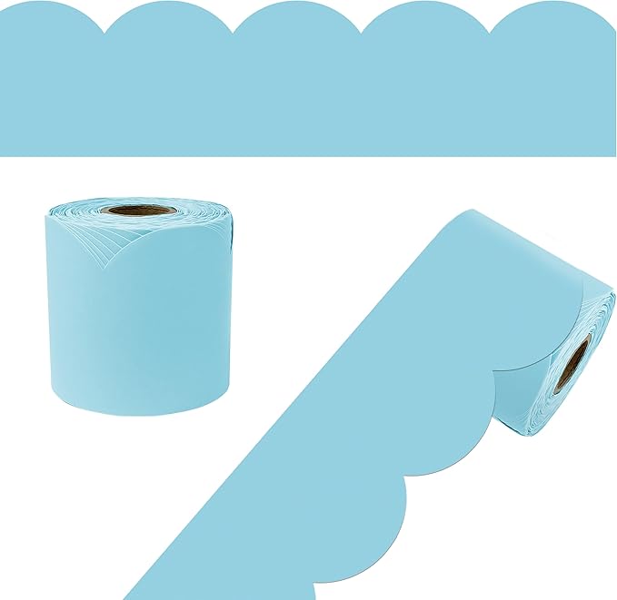 Carson Dellosa Education 65Ft of Sky Blue Bulletin Board Borders, 1 Roll of Pastel Scalloped Trim for Rolling Whiteboard, Cork and Posterboard, Party, Easter, Spring Decorations, and Classroom Decor