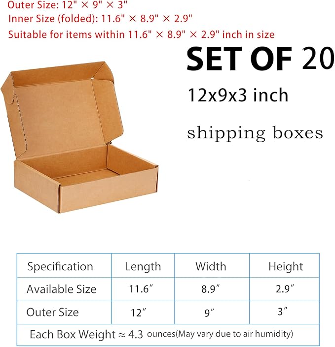 Small Shipping Boxes 12x9x3 Inches - Kraft Brown Corrugated Cardboard Boxes (20-Pack) for Mailing, Packing, Small Business & Gift Packaging - Recyclable & Sturdy