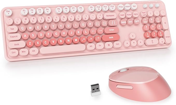 GTSP Colorful Pink Wireless Keyboard and Mouse Combo, Wireless Typewriter Full-Size Retro Cute Aesthetic Keyboard 2.4GHz with Round Keycaps for Desktop Laptop and PC (Cute Pink)