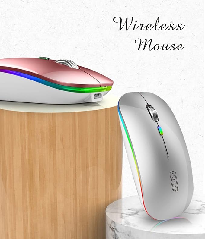 Uiosmuph LED Wireless Mouse, G12 Slim Rechargeable Silent Mouse, 2.4G Portable USB Optical Wireless Computer Mice with USB Receiver and Type C Adapter (Rose Gold)