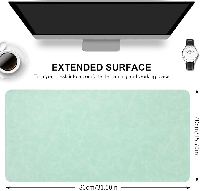Desk Pad Soft PU Leather Large Mouse Pad Laptop Computer Desk Mat Table Blotter Flat Smooth Waterproof Non-Slip Desktop Protector Write Pad for Office and Home (Light Green, 60x35cm)