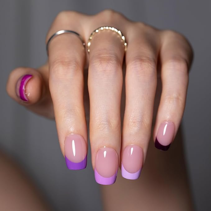 SXC Cosmetics French Tip Press On Nails 150 Pieces in 15 Sizes Ultra Fit with Pre-applied Tip Primer and Base Coat, No Need to File Fake Nails for Nail Art DIY X-Pro Tips (5PURPLE113-XS Square)