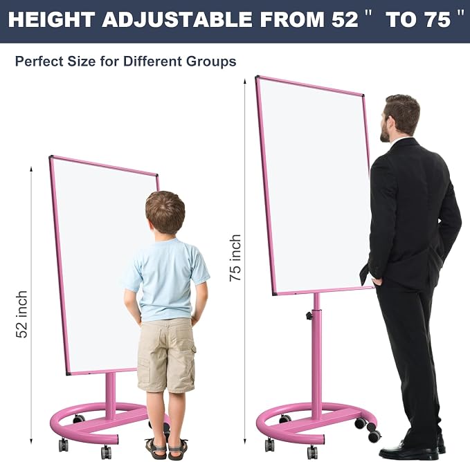 Mobile Whiteboard, 40x26 Inches White Board Dry Erase Board on Wheels | Height Adjustable, Magnetic Surface, Dry Erase, With Stand, Ideal for Classroom, Office, School, Home, Homeschooling, Teacher