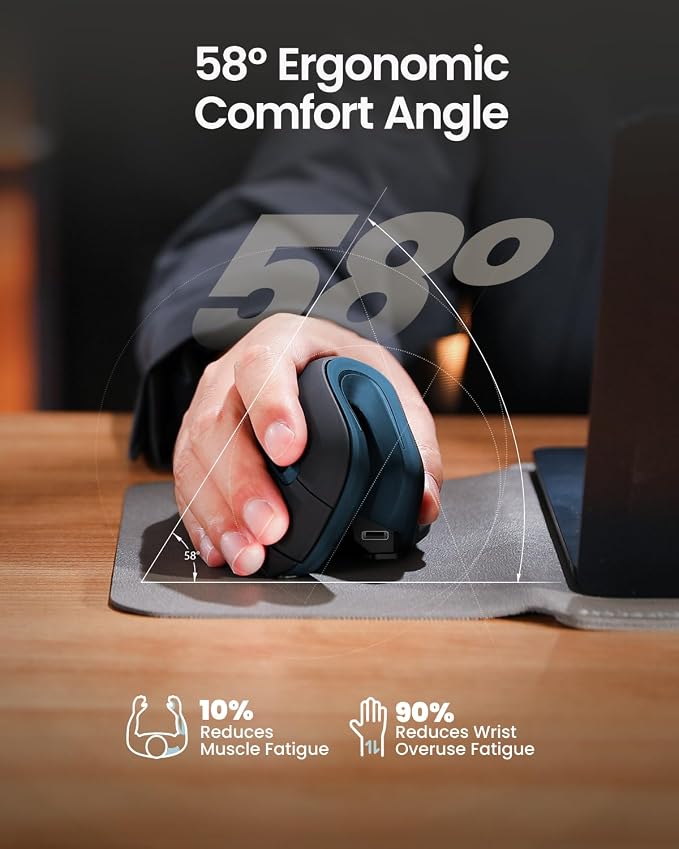 ProtoArc EM11 NL Wireless Ergonomic Mouse, Rechargeable Vertical Mouse | 58° vertical design supports a natural wrist posture, connect 3 devices via Bluetooth/2.4G USB-A, 500mAh USB-C rechargeable.