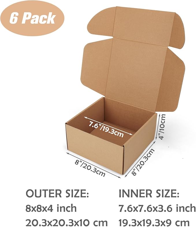8x8x4 inch Shipping Boxes Set of 6 Brown, Inner Size 7.6x7.6x3.6 inch Cardboard Box Mailers for Small Business Packaging Mailing or Gift Wrapping Giving