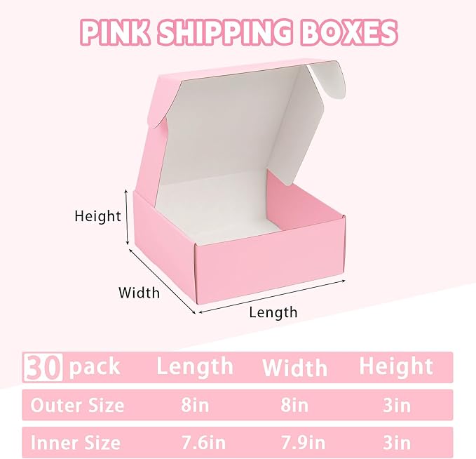 8x8x3 Shipping Boxes, Pink Corrugated Cardboard Mailer Boxes, Small Mailing Boxes for Shipping, Pack of 30