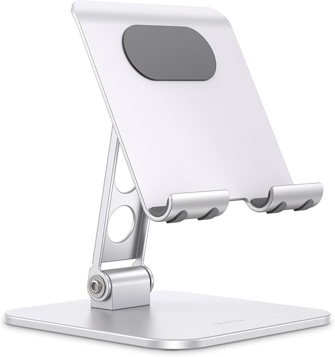OMOTON T5 Upgraded Adjustable Tablet Stand for iPad Holder, Heavy Duty Portable Monitor Stand, Travel Essentials for iPad Pro/Air/Mini, Surface Pro 4.7''-13'', Silver