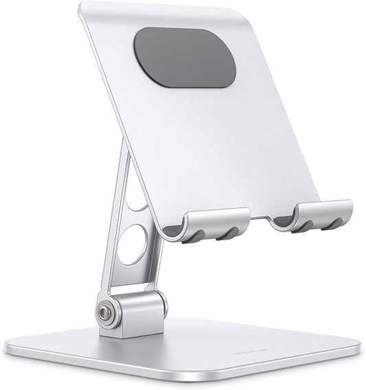 OMOTON T5 Upgraded Adjustable Tablet Stand for iPad Holder, Heavy Duty Portable Monitor Stand, Travel Essentials for iPad Pro/Air/Mini, Surface Pro 4.7''-13'', Silver