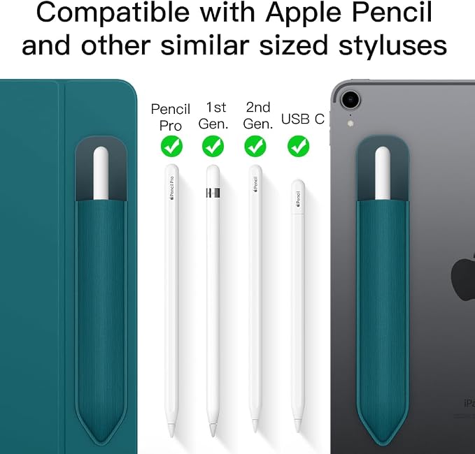 MoKo Adhesive Pencil Case Holder Sticker for Apple Pencil, Midnight Green | Elastic Pencil Pocket Pouch, Adhesive Sleeve, Attached to iPad Case, For Pro/USB-C/1st/2nd Gen and Similarly Stylus Pens
