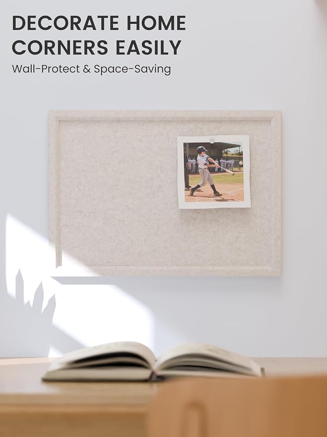 Fluxynara 15.7" x 11.8" Felt Frame Bulletin Board, Oatmeal | Cork Board Alternative with 12 Removable Adhesive Tabs, Foldable Pin Board for Wall, Home, Office, Classroom & Dorm