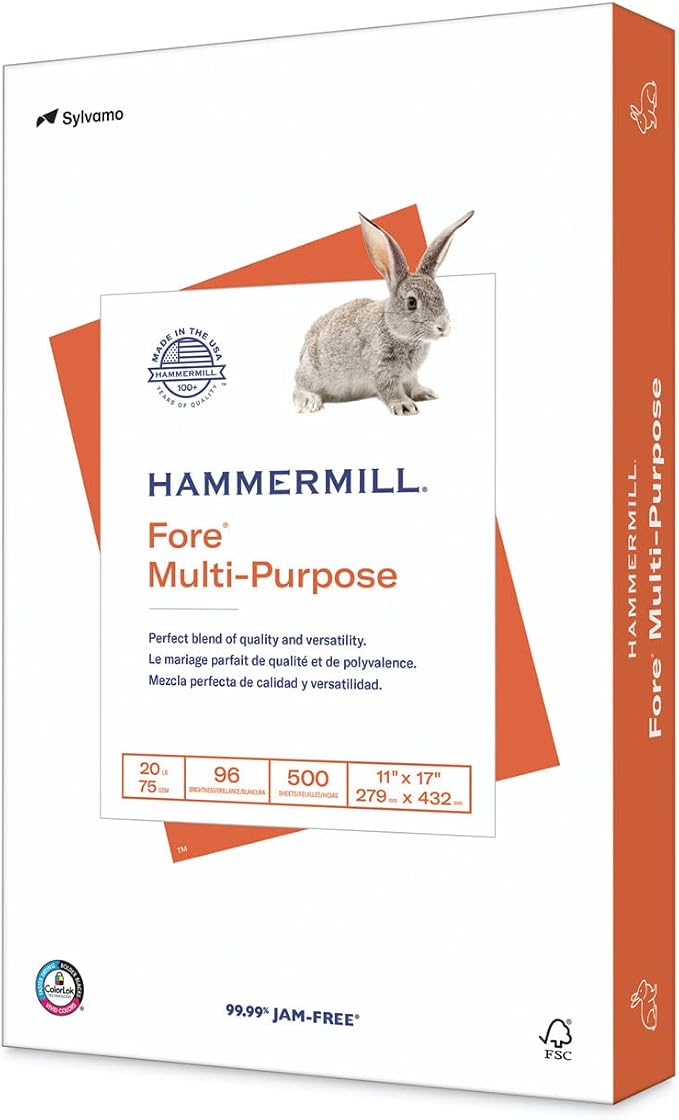 Hammermill Printer Paper, Fore Multipurpose 20 lb Copy Paper, 11 x 17 - 1 Ream (500 Sheets) - 96 Bright, Made in the USA, 103192R