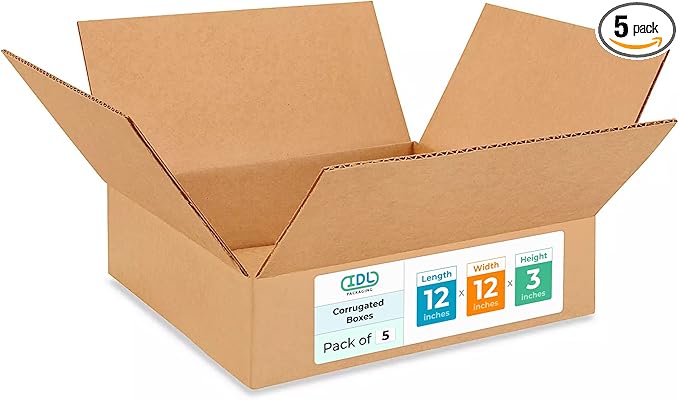 Medium Moving & Shipping Boxes 12 x 12 x 3 inches (5-Pack) - Extra Strength 200 lb vs Regular - USA-Made Corrugated Durable Boxes for Packaging - Shipping Box Medium - Heavy Duty Box by IDL Packaging