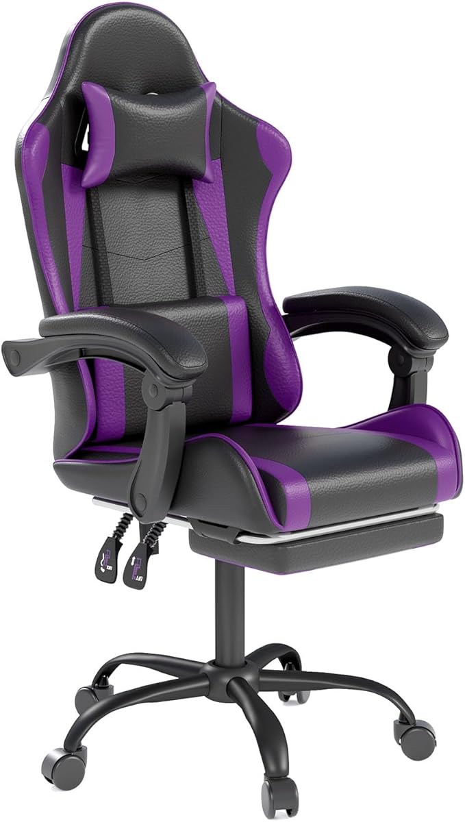 Gaming Chair with Headrest and Lumbar Support, Ergonomic High Back Office Chair, Racing Style Executive Computer Desk Chair, Leather Adjustable Swivel Task Chair for Home Office (Purple)