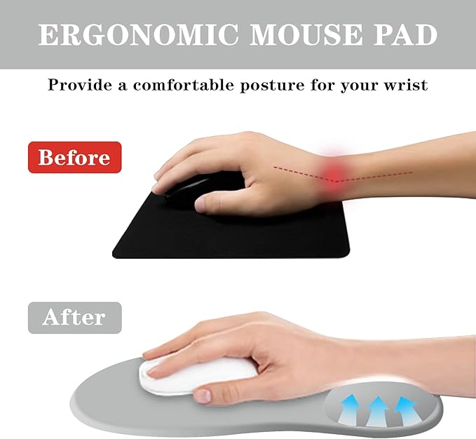 Mouse Pad with Wrist Rest,Ergonomic Mouse Pad with Comfortable Gel Wrist Rest Support and Non-Slip PU Base for Easy Typing Pain Relief, Durable and Washable(Gray)
