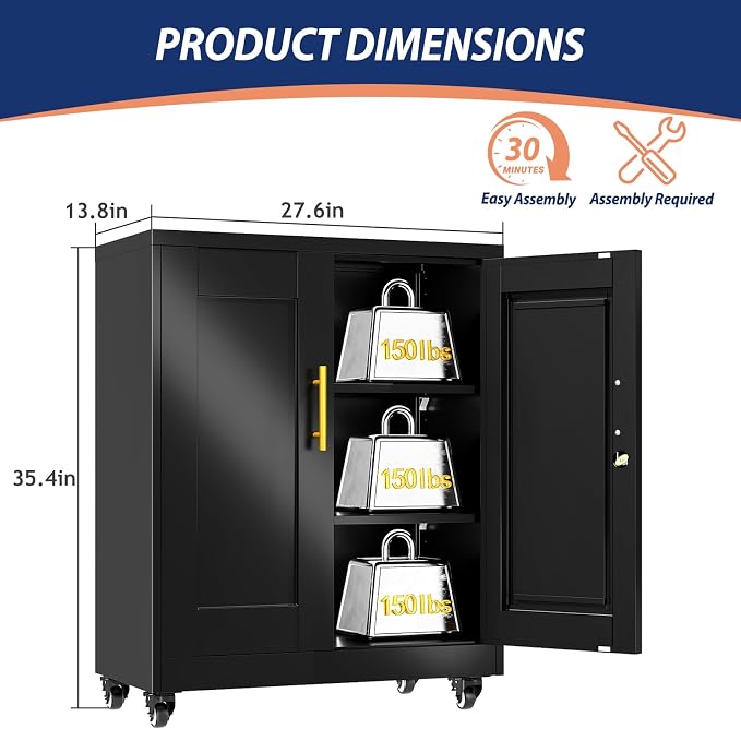 PAOFIN Metal Storage Cabinet-35” Tall Steel File Cabinets with Lockable Doors and Adjustable Shelves, Steel Tool Cabinet with Wheel for Home, School, Office, Garage Black