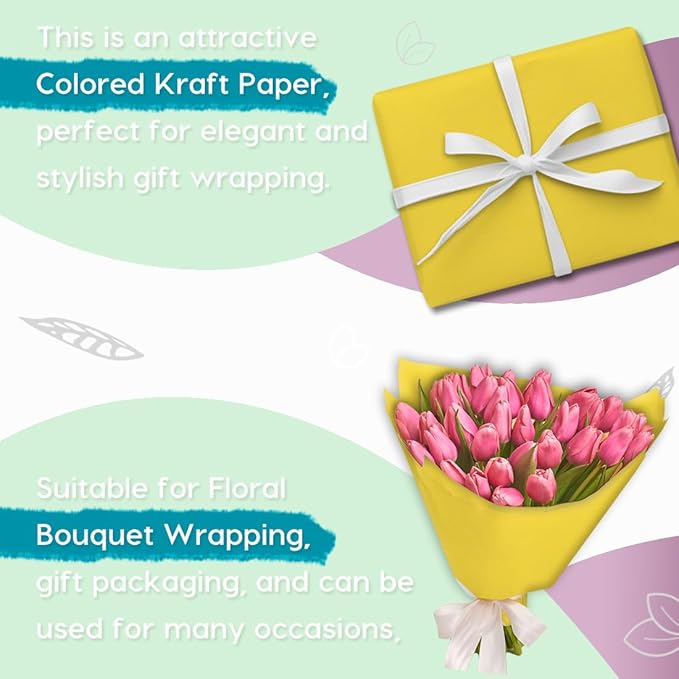 SMART&CASUAL 48" x 1,500" (125') Lemon Yellow Kraft Craft Paper Roll for Gift Wrapping Bulletin Board Bouquet Flower Kids Art Packing Parcel Table Covering 80GSM 55LB (Lemon Yellow, 48" x 125')