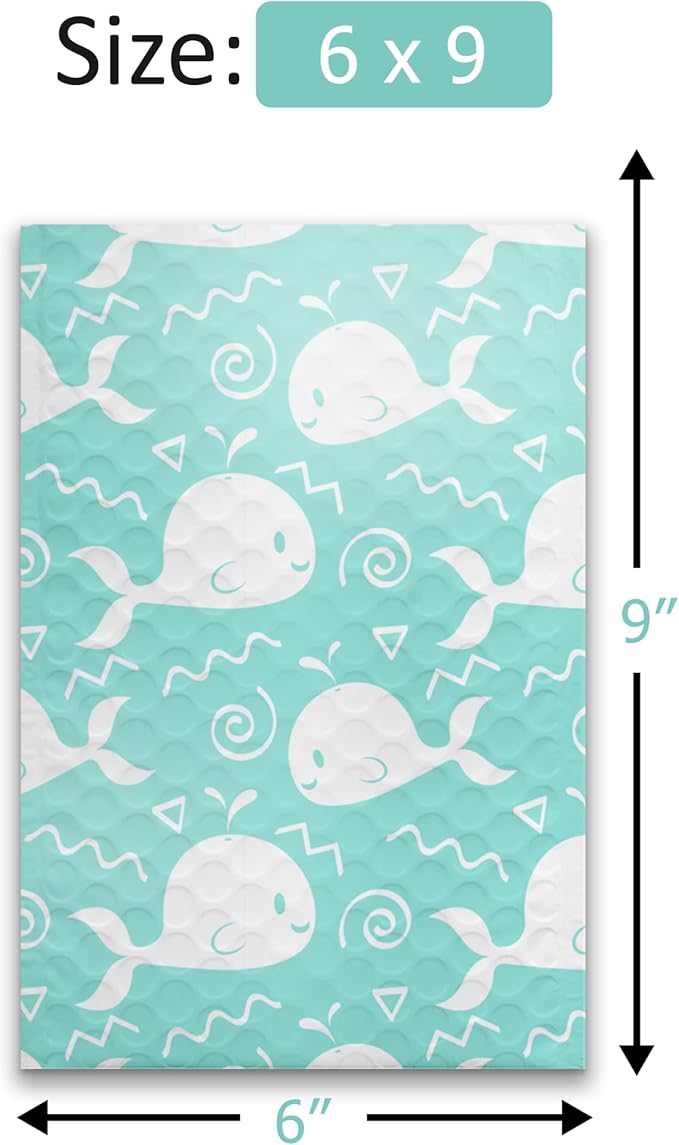 #0 6x9 (20pcs) Blue Whales Designer Self Seal Poly Bubble Mailers Shipping Envelopes Padded Bags