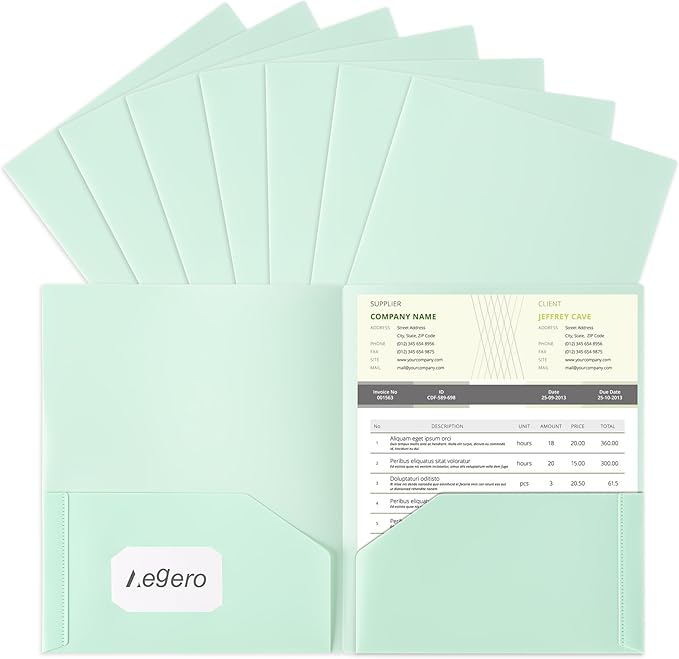 Plastic Folders with Pockets (7 Pack, Light Green), Durable Heavy Duty File Folders with Business Card Slot, 2-Pocket Folder for Schoolwork & Office,Letter Size