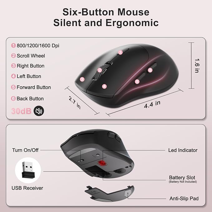 Wireless Keyboard and Mouse Combo, Full Size Ergonomic Wave Keys(Pink-B) | 2.4G Ergonomic Keyboard with Wrist Rest, Phone Holder, 3-Level DPI Silent Mouse with 6-Buttons, for Windows/Mac OS/Laptop/PC