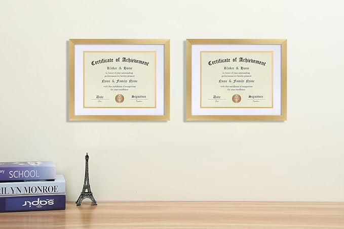 ELSKER&HOME 8.5 x 11 Certificate Frame 2Pack- Classic Gold Color Frame - Displays Diploma 8.5x11 Inch with Mat - 11x14 Inch Without Mat - For Document/Photo(Double Mat - Matte White with Gold Rim)