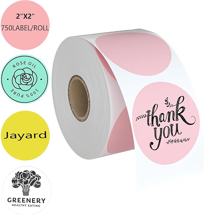 Cute Pink Thermal Labels, 2" Thermal Printer Labels for Name Tag, DIY, QR Code, Self-Adhesive Address Shipping Stickers, Blank Circle Sticker Labels Compatible with Zebra, Rollo,(750 Labels/1 Roll)