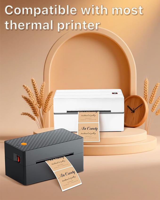 iEager Brown Square Thermal Label Stickers, 2"x2" Self-Adhesive Square Direct Thermal Labels with Perforation Line, 500 Sheets/Roll