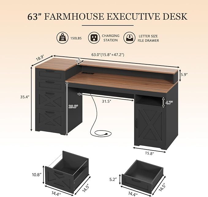 63" Farmhouse Computer Desk with 4 Drawers for Home Office, Bedroom | Executive Desk with Printer Shelf, Monitor Stand, Home Office Desks with Power Outlets, Storage Shelves, Brown and Black