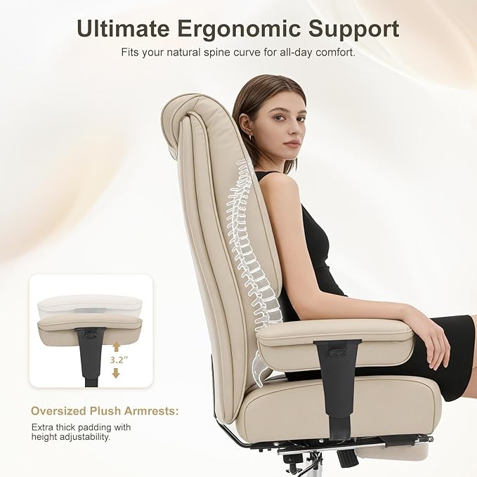 Big and Tall Office Chair 400lbs Wide Seat, Leather High Back Executive Office Chair with Foot Rest, Ergonomic Chairs Lumbar Support for Lower Back Pain Relief (Beige)