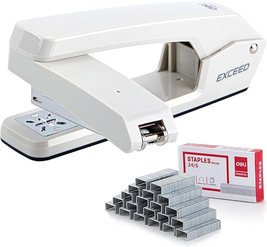 Deli/EZWORK Swing-Arm Swivel Stapler, 25 Sheets Capacity, 360 Degree Rotate Desk Staplers with 1000 Staples for Booklet or Book Binding, White