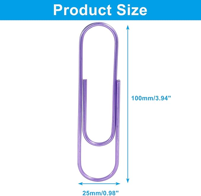4 Inch Jumbo Paper Clips, Purple, 15Pcs | Coated Large Reusable Big Paperclips for Office, School, Home Document Organizing